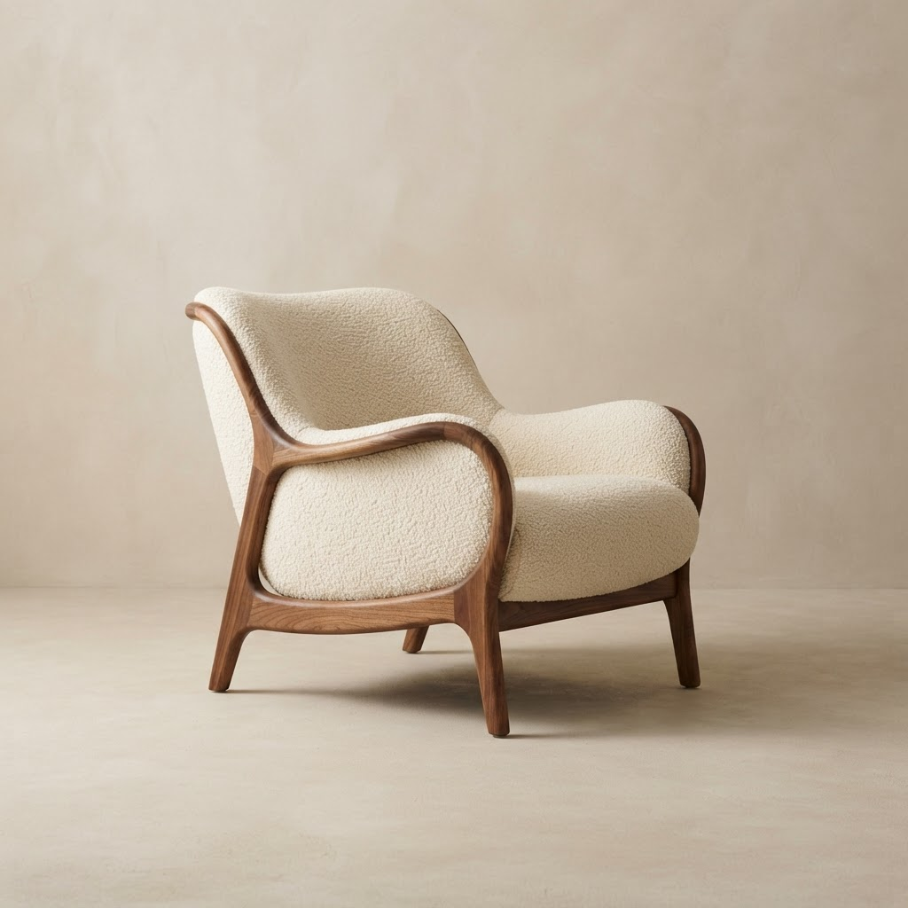 Sculptural lounge chair in cream boucle with walnut frame