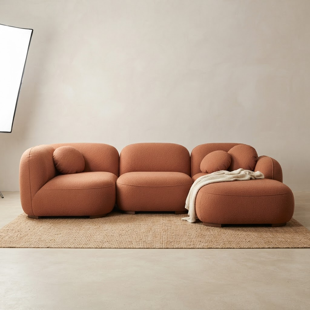 Modular sofa with rounded cushions in terracotta fabric